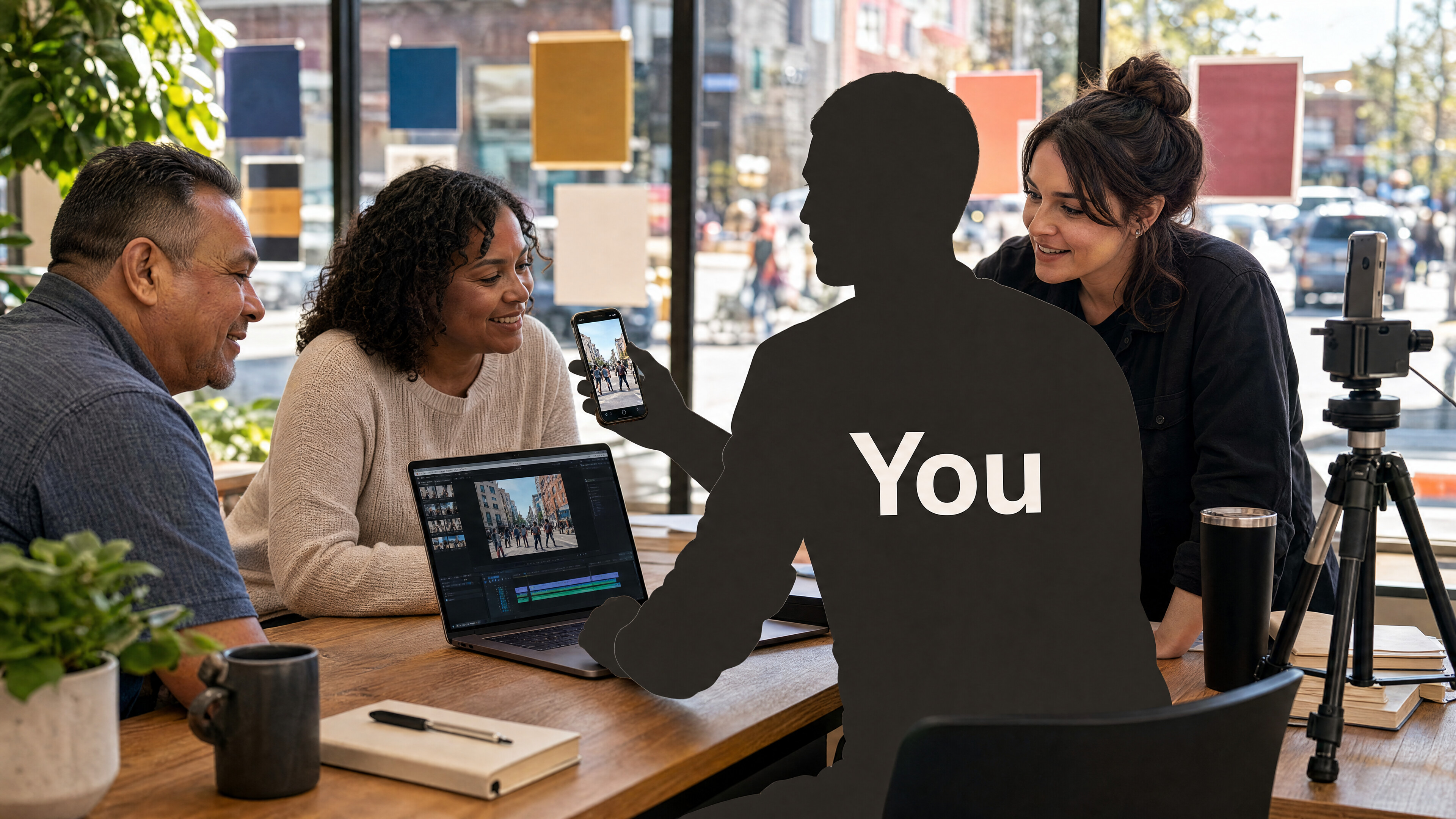 Anonymous You silhouette reviewing campaign clips with local voters in a storefront studio